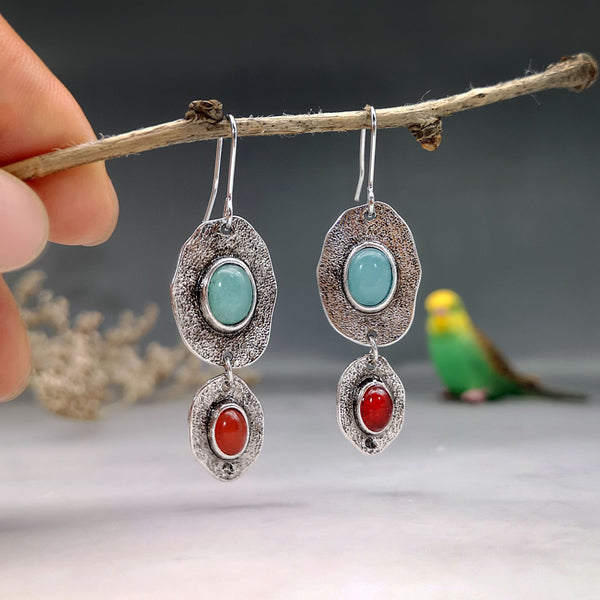 Bohemian mint chalcedony and artificial coral earrings