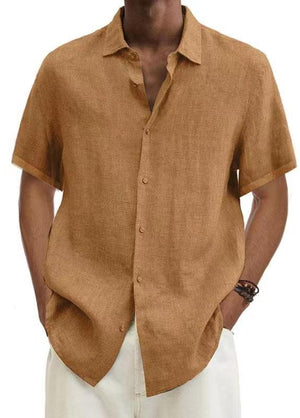 Men's solid cotton short sleeve loose lapel shirt