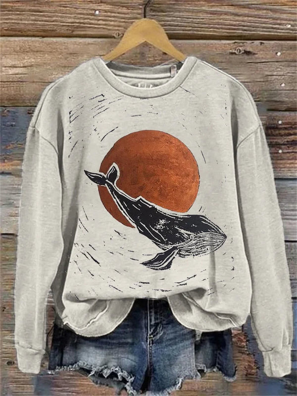 Whale & Sunrise Japanese Lino Art Sweatshirt