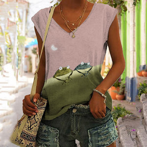 Simple Frog Color Block Print V-neck Tank Top