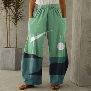 Abstract Creative Cute Cat Leaping Under The Starry Sky Painting Art Casual Pants