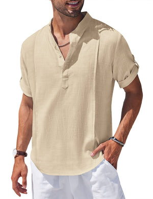 Men's Linen Cotton Henley Shirt Casual Beach Hippie Shirts Short Sleeve T Shirts