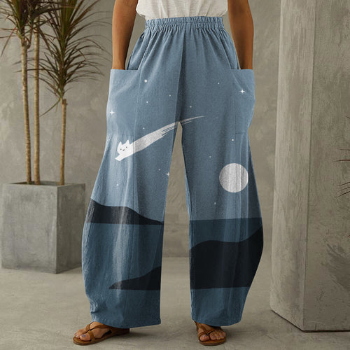 Abstract Creative Cute Cat Leaping Under The Starry Sky Painting Art Casual Pants