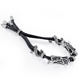 Men's titanium steel double Dragon leather bracelet titanium steel leather accessories