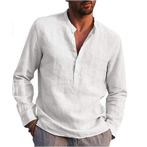 Men's Cotton Linen Summer Solid Color  Stand-Up Collar Long-Sleeved Shirts