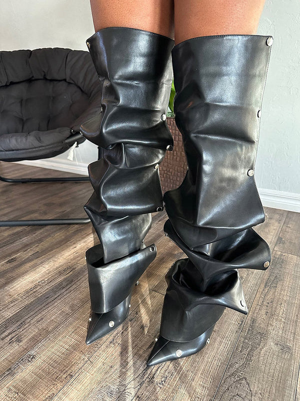 Leather Snap Button Knee High Boots