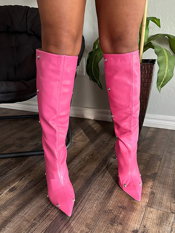 Leather Snap Button Knee High Boots