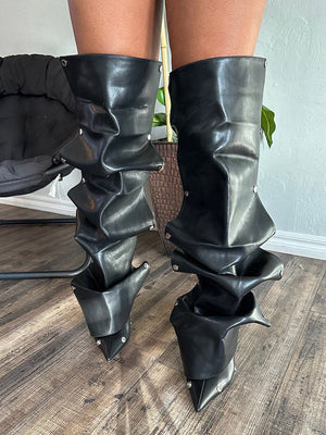 Leather Snap Button Knee High Boots