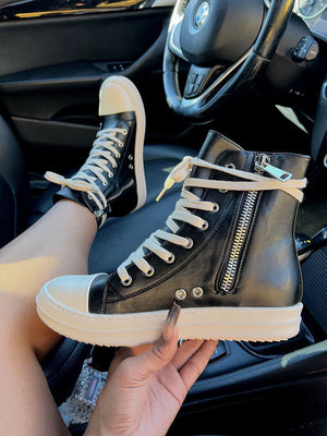 PU Side Zipper High-Top Sneakers