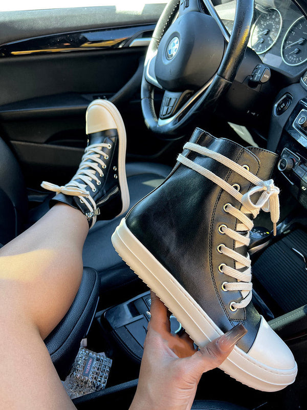 PU Side Zipper High-Top Sneakers