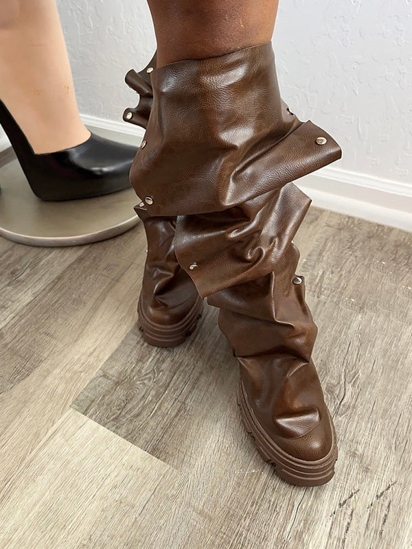 Leather Snap Button Round Toe Boots