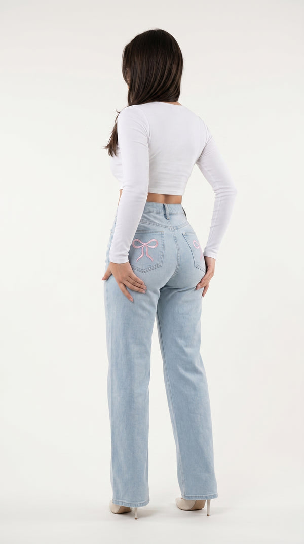 ONESO Women Mid Rise Pink Bow Embroidered Jeans