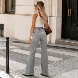 BlueMoment High Waist Stretchy Wide Leg BBL Jeans for Women Basic Straight Denim Pants Raw Hem Underwear Trouser