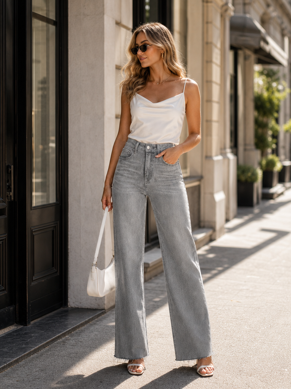 BlueMoment High Waist Stretchy Wide Leg BBL Jeans for Women Basic Straight Denim Pants Raw Hem Underwear Trouser