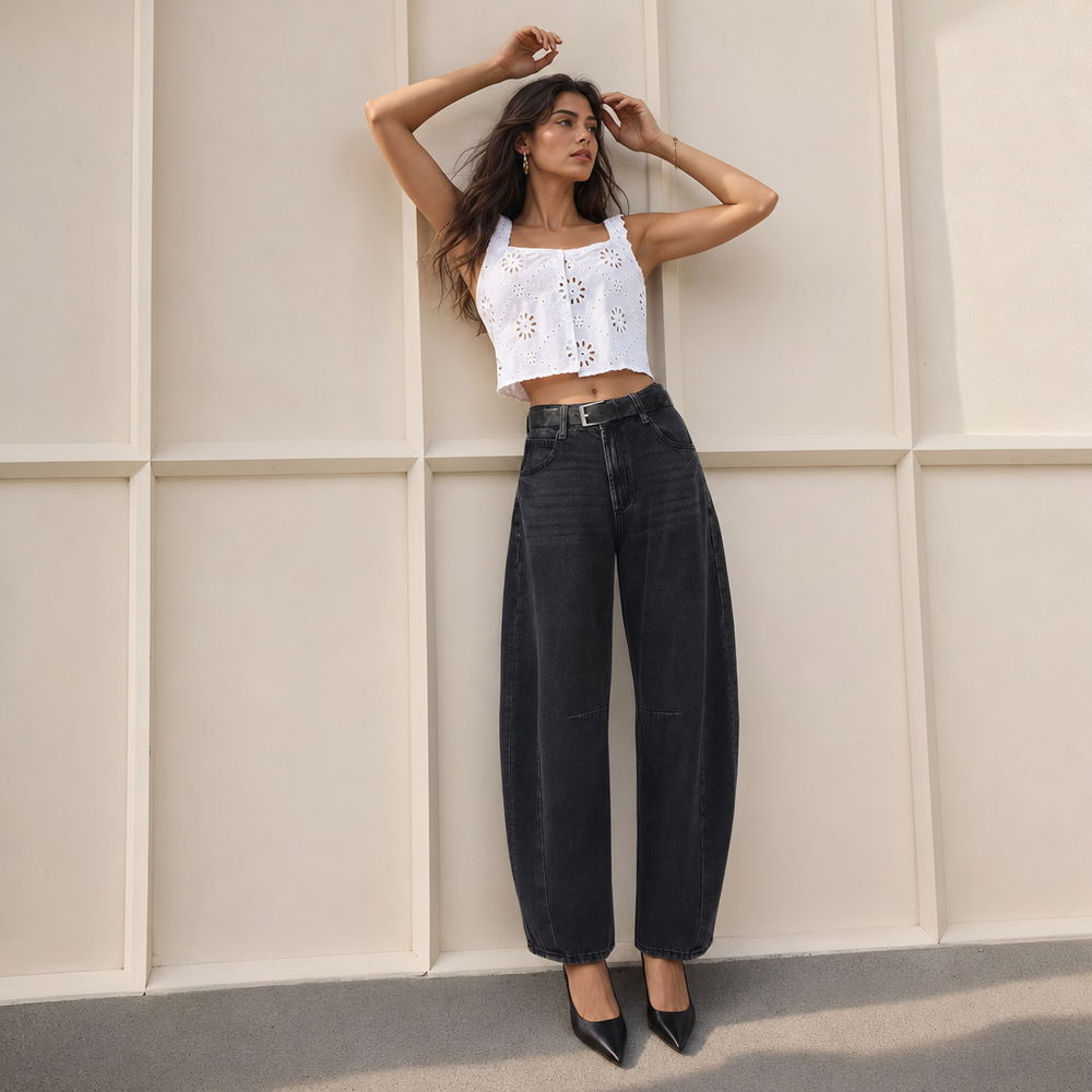 SHAPUM Women High Rise Barrel Leg Jeans