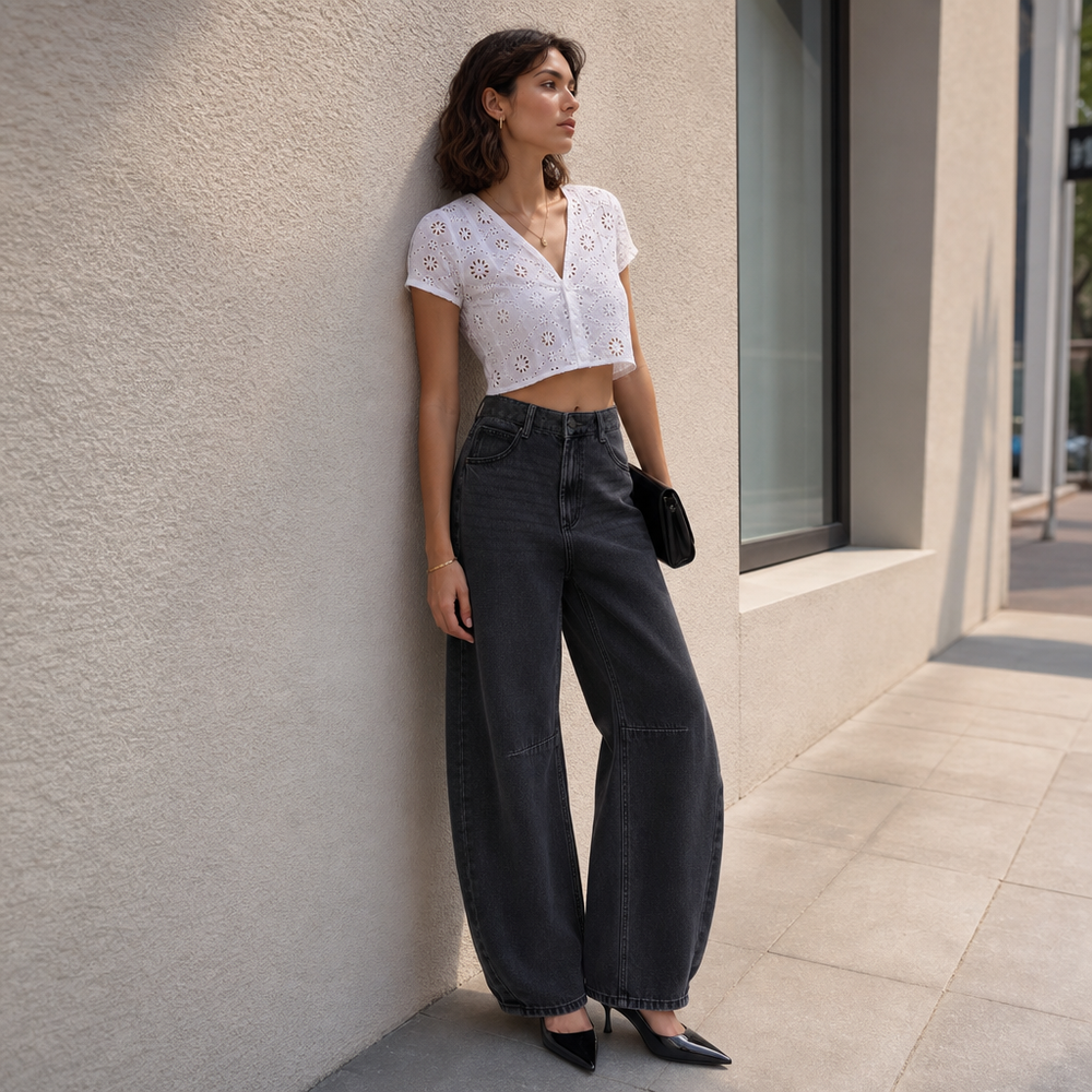 SHAPUM High Waist Barrel Leg Leans Womens High Waist Casual Denim Pants