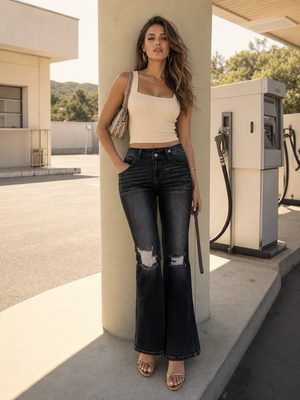 CANANA Super Stretchy High Rise Crossover Tapered Ripped Bootcut Jeans for Women