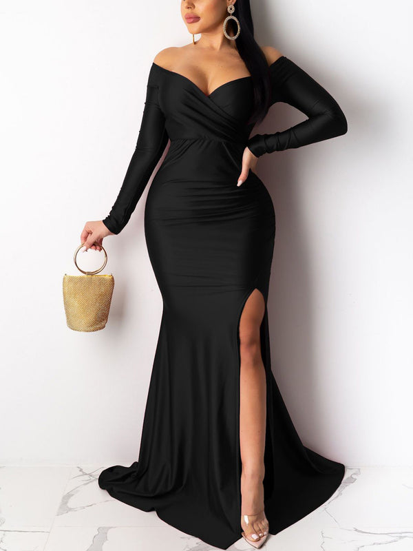 Long Sleeve Off Shoulder Split Maxi Dresses