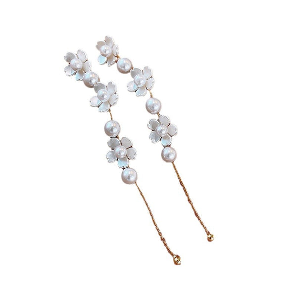 Retro Pearl Flower Long Tassel Earrings