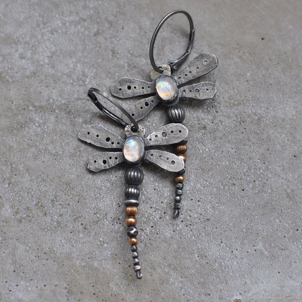 Vintage Dragonfly Moonstone Earrings