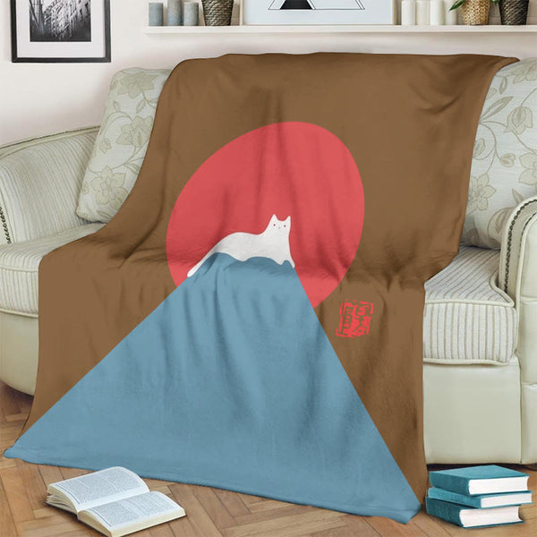 White Cat Snow On Mount Fuji Japanese Art Print Blanket