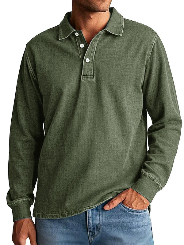 Men's Fashion Retro Washed Distressed Cotton Lapel Long Sleeve Polo Shirt