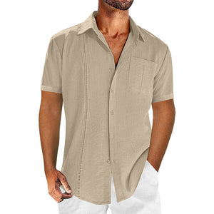 Casual solid color men's linen cotton short sleeve shirt