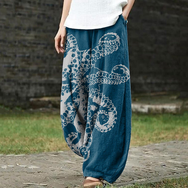 Octopus Asymmetric Print Casual Pants