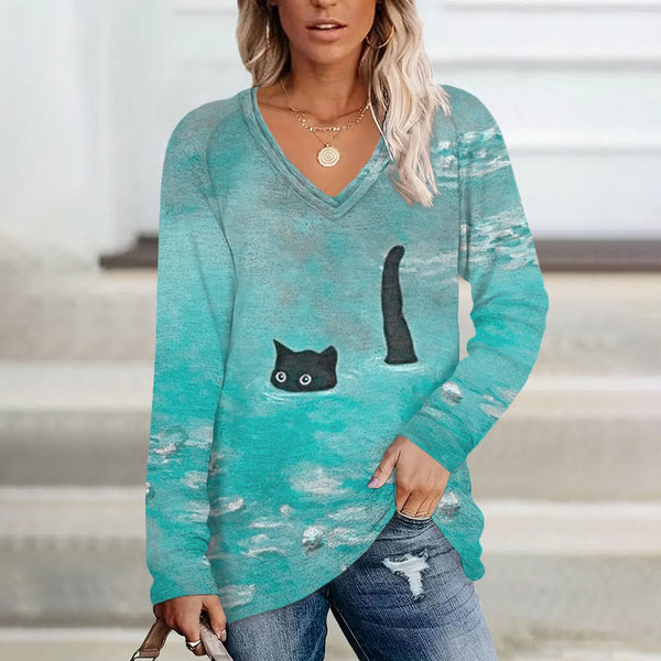 Women's Oil Painting Cat Print V-neck Long Sleeve T-shirt