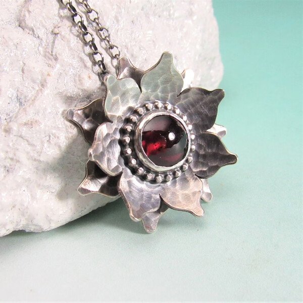 Sterling Silver Red Lotus Garnet Pendant Necklace