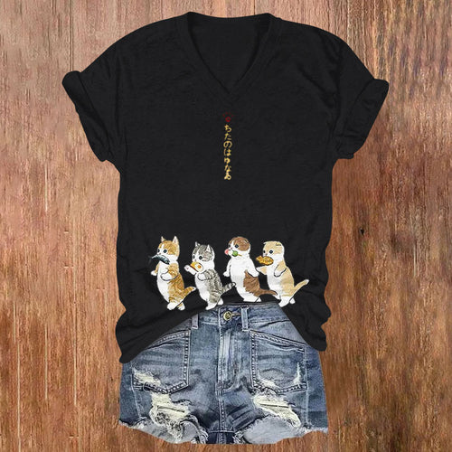 Japanese Cartoon Cat Print V-neck T-shirt