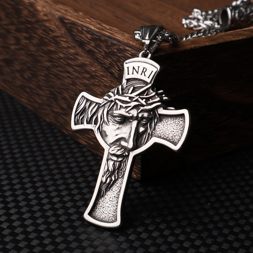 Stainless steel portrait cross necklace hanging