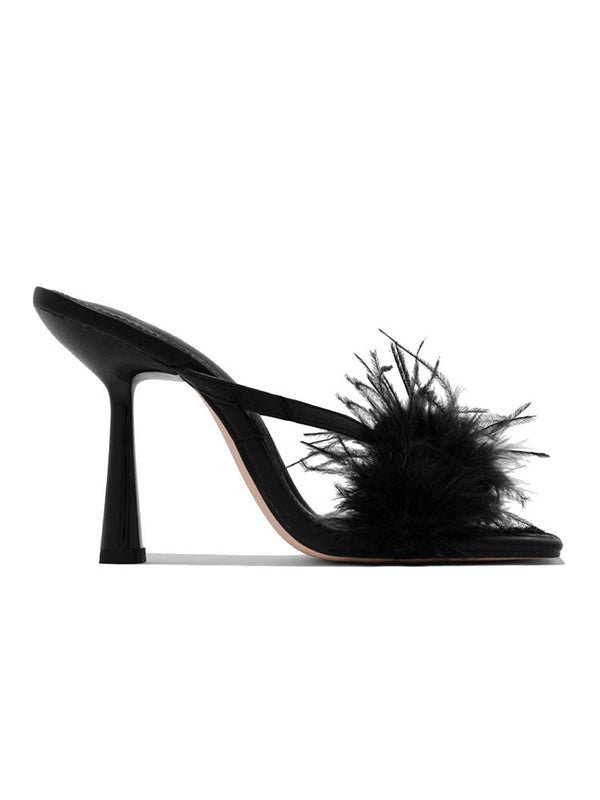 Feather Fur High Heel Mules