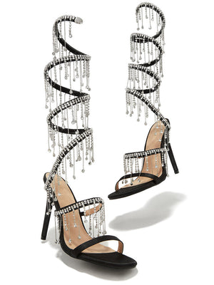 Embellished Fringe Wrap Heels