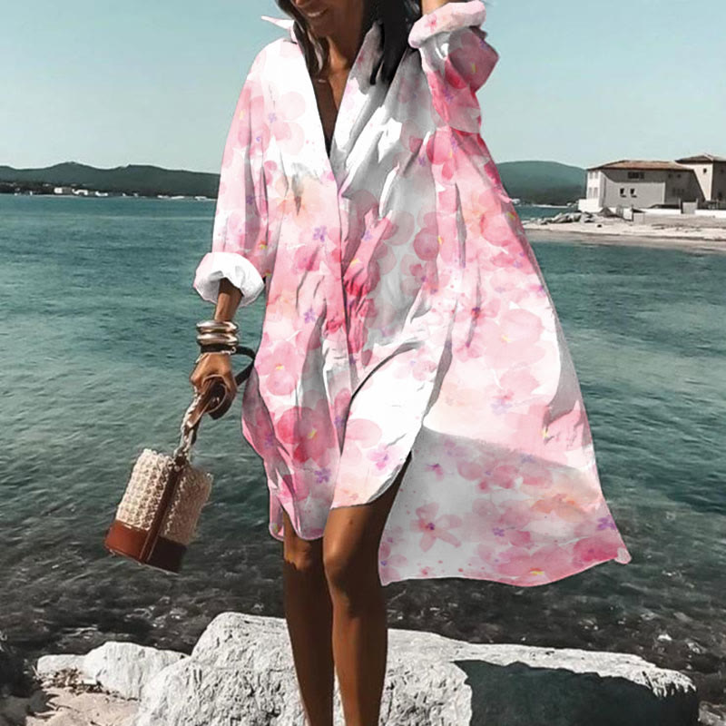 Vacation Pink Abstract Cherry Blossom Watercolor Print Shirt Dress