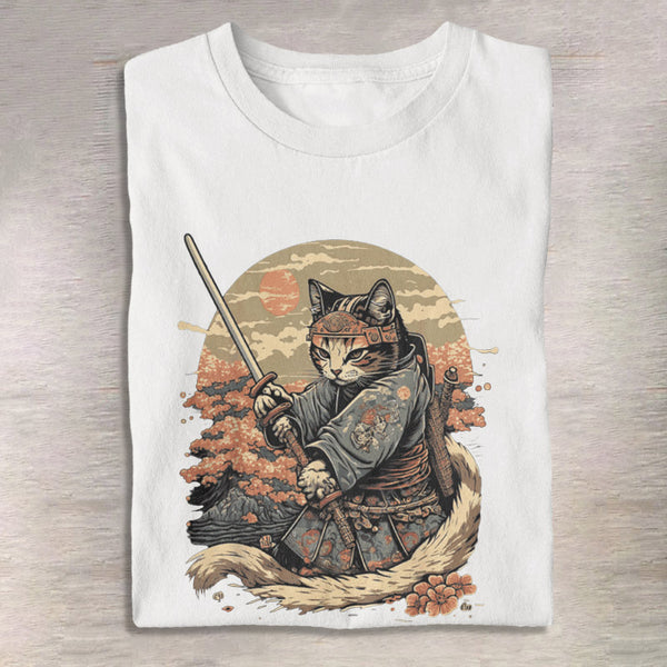 100% Cotton Funny Japanese Warrior Samurai Cat Print T-shirt