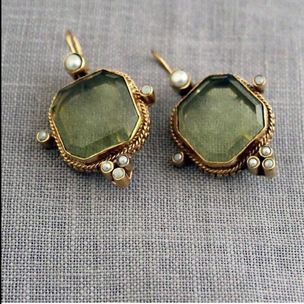 Vintage Hexagonal Green & Pearl Earrings