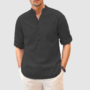 Cotton men's solid color standing collar buttoned pocket simple shirt