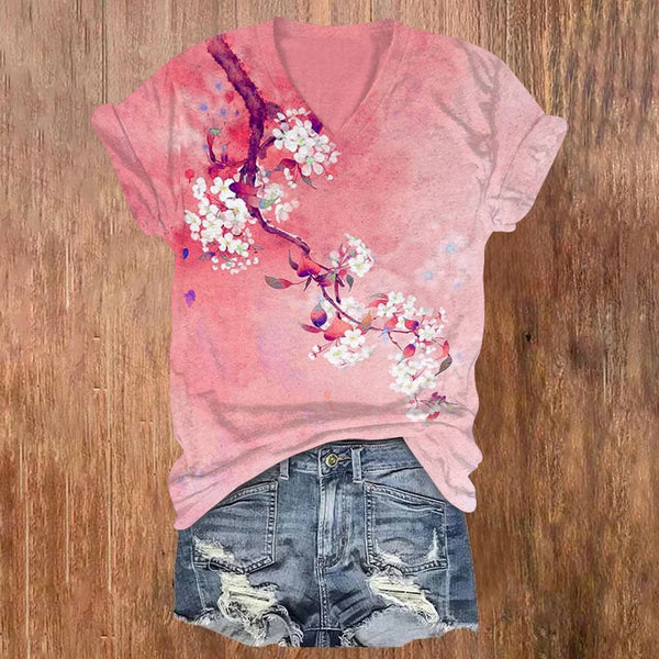 Japanese Antique Pear Blossom Ink Painting Print Short Sleeves V-neck T-shirt