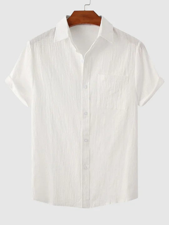 Men's summer linen short sleeve contracted top solid color lapel shirt