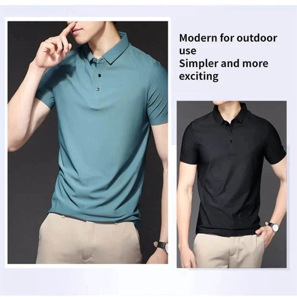 Men's Summer Ice Silk Without Trace Business Lapel Solid Color Simple T-Shirt