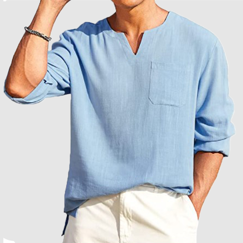 Men's solid color casual button V-neck T-shirt