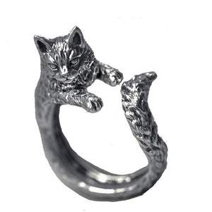 Retro Thai Silver Black Cat Ring Pet Cat Live Ring