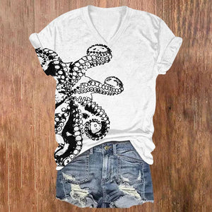 Octopus Asymmetric Print V-neck T-shirt