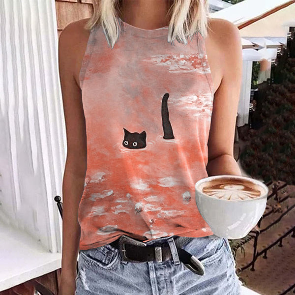 Women's Oil Painting Cat Print Art Tank Top