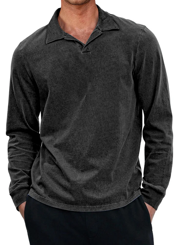 Men's Casual Retro Small V-neck Long-sleeved Polo Shirt