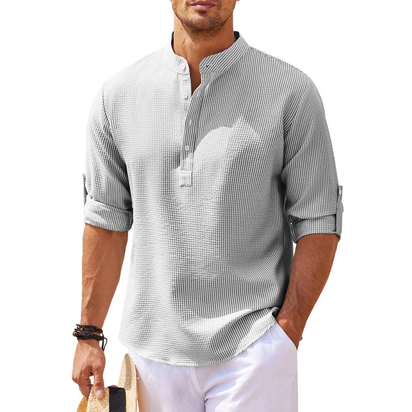 Men's Linen Henley Shirt Long Sleeve Casual Hippie Cotton Beach T Shirts Vertical Striped Hawaiian Shirts