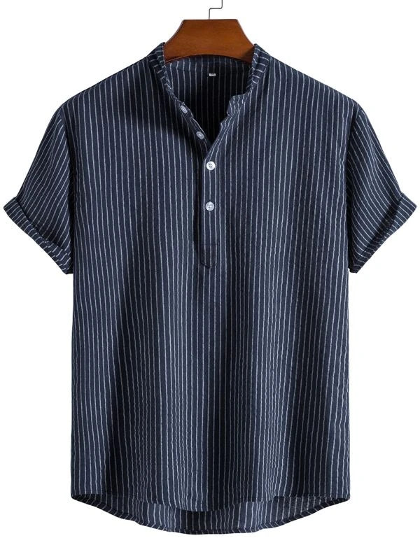 Men Linen Striped Half Button Shirt