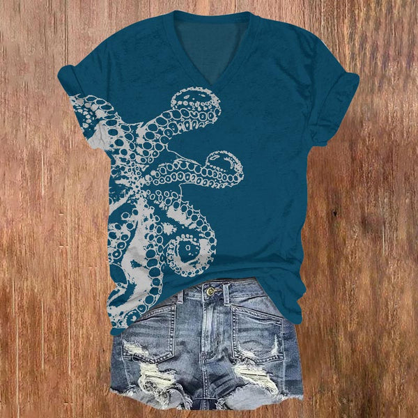 Octopus Asymmetric Print V-neck T-shirt