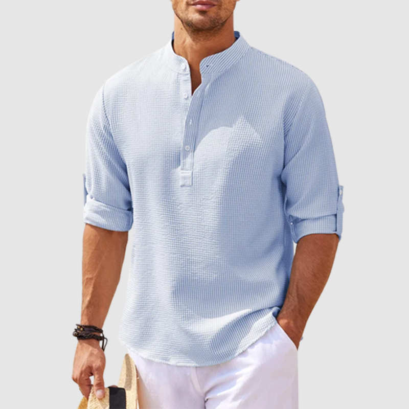 Men's Linen Henley Shirt Long Sleeve Casual Hippie Cotton Beach T Shirts Vertical Striped Hawaiian Shirts